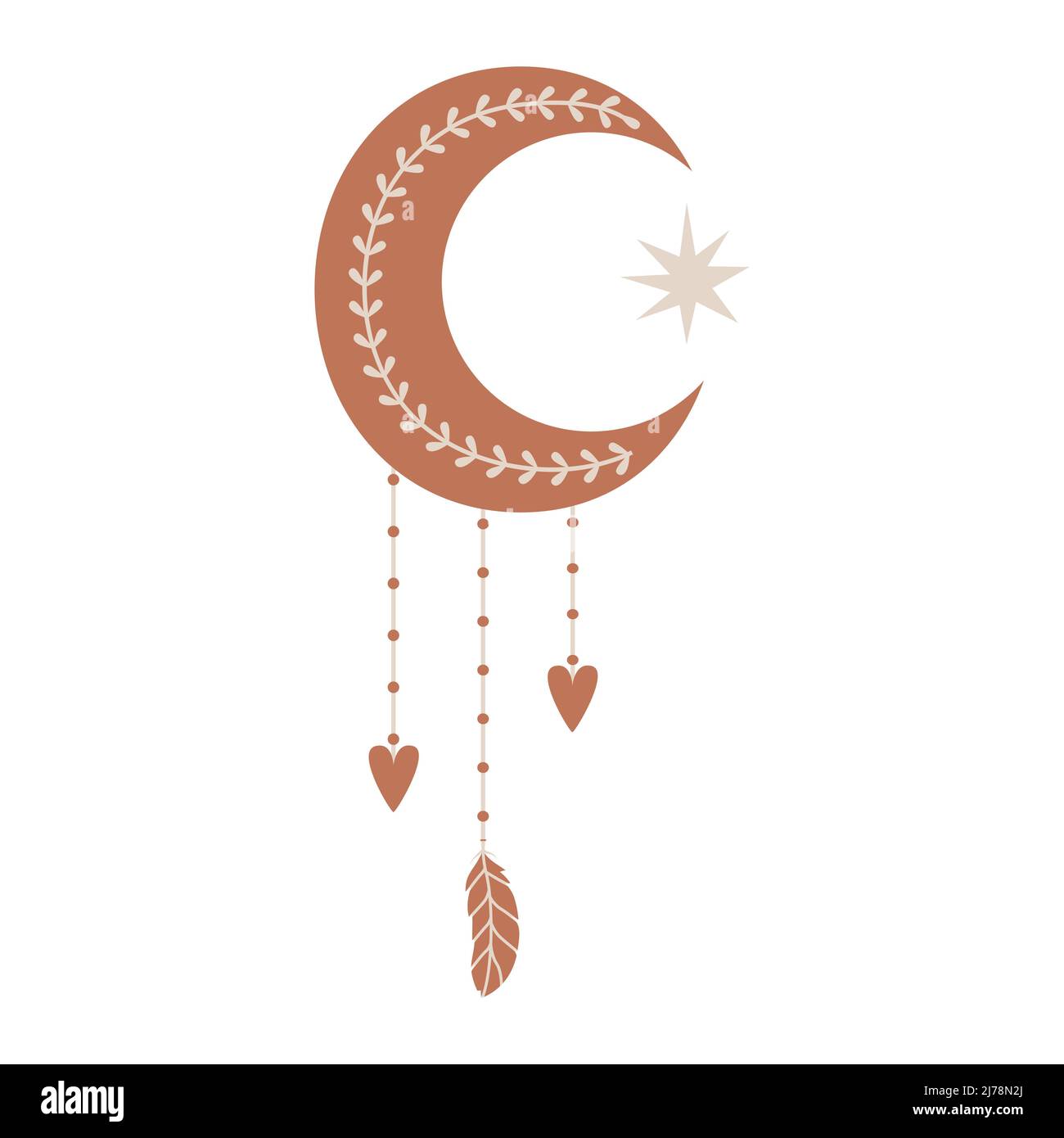 Boho, élément céleste. Une étoile et un croissant de lune avec une plume suspendue, des coeurs. Un symbole mystique, ésotérique, mystérieux. Illustration vectorielle isola Illustration de Vecteur