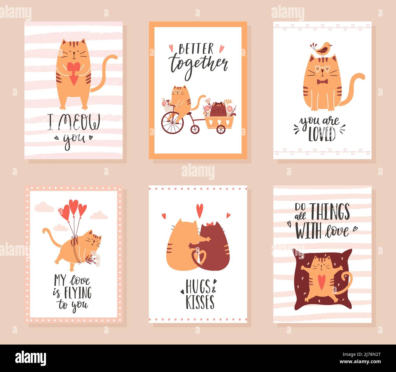 Un jeu de cartes de vœux, des affiches pour la Saint-Valentin avec des phrases manuscrites et des chats adorables. Les chats s'embrasent, à vélo, giv Illustration de Vecteur