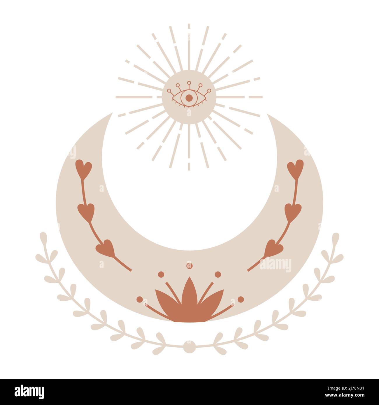 Boho, élément céleste. Un croissant de lune avec des brindilles, le soleil et un œil ouvert. Un symbole mystique, ésotérique, mystérieux. Eleme décoratif vectoriel Illustration de Vecteur