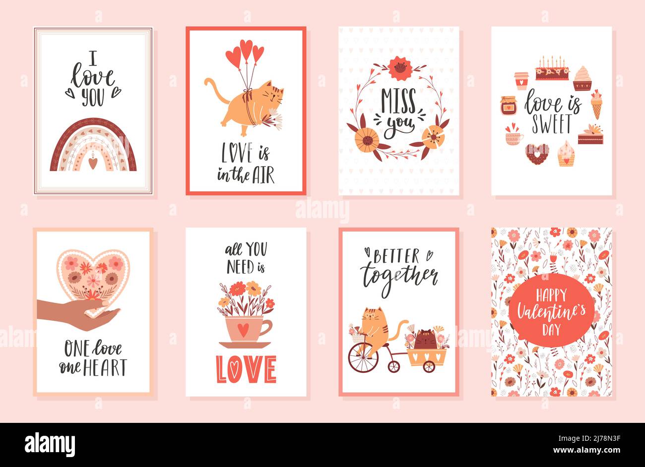 Un ensemble de cartes postales, des affiches pour la Saint-Valentin avec des phrases manuscrites et un arc-en-ciel boho, des chats, de la nourriture sucrée, du coeur, une couronne de fleurs. Joli vect Illustration de Vecteur