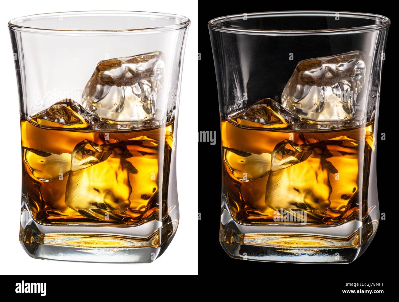 Verre de whisky sur fond blanc et noir. Le fichier contient des chemins d'écrêtage. Banque D'Images