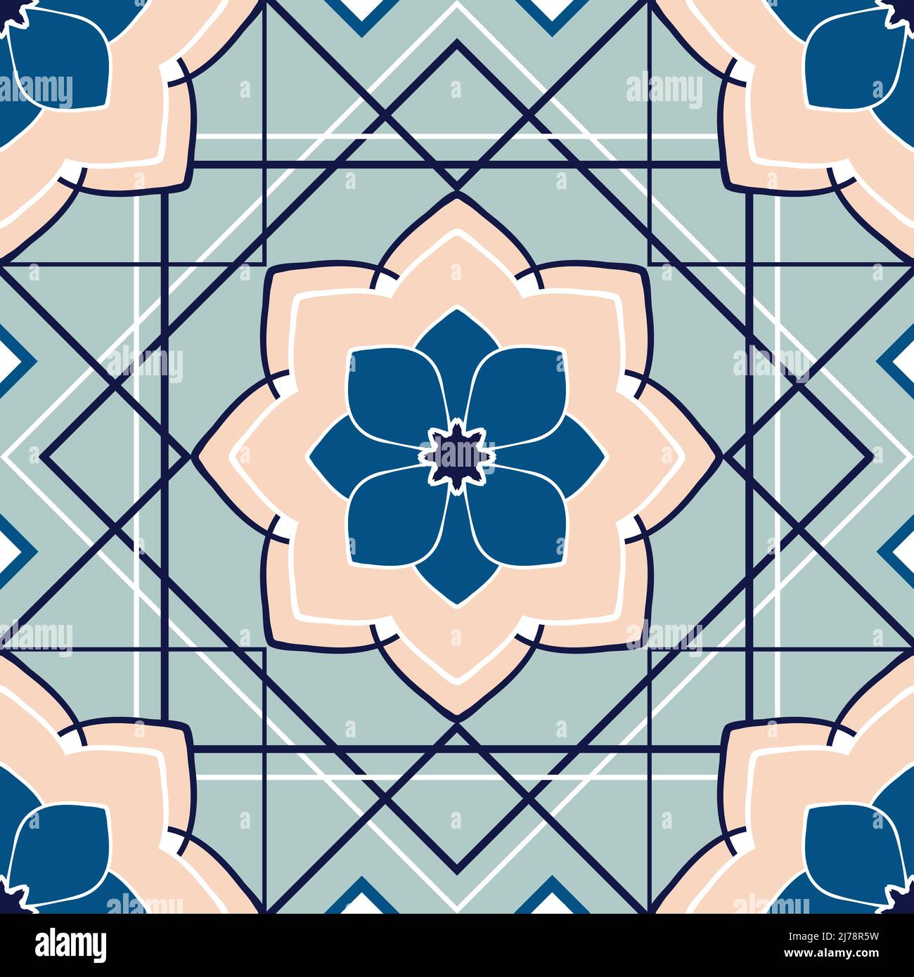 Motif vectoriel sans couture avec fleur géométrique sur fond bleu. Papier peint décoratif mural romantique. Textile de mode floral marocain décoratif. Illustration de Vecteur