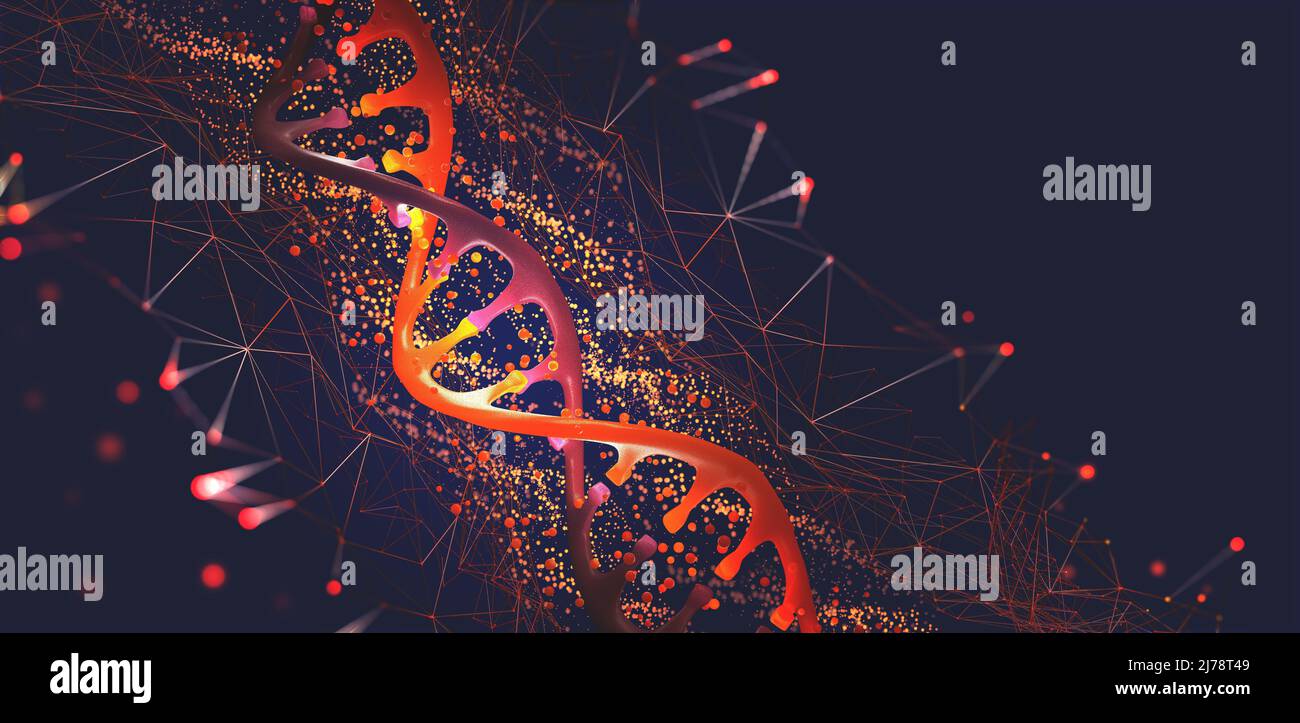 Illustration de DNA Helix 3D. Mutations sous microscope. Décodage du génome. Modélisation virtuelle des processus chimiques. Hi-tech en médecine Banque D'Images