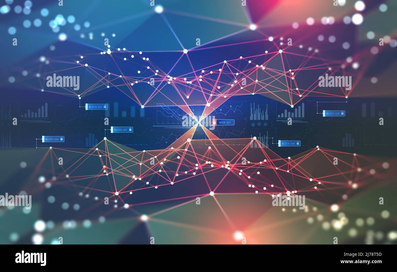 Réseau mondial. Illustration de la blockchain 3D. Réseaux neuronaux et intelligence artificielle. Concept du cyberespace. Historique technologique abstrait Banque D'Images