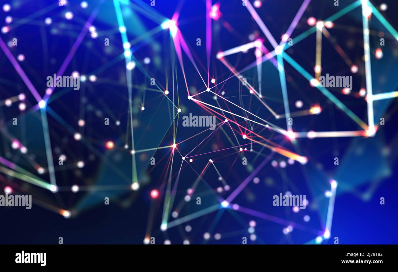 Technologie, réseau mondial, mouvement dans l'espace et le temps. Illuminations festives. Arrière-plan polygonal abstrait avec effet bokeh Banque D'Images