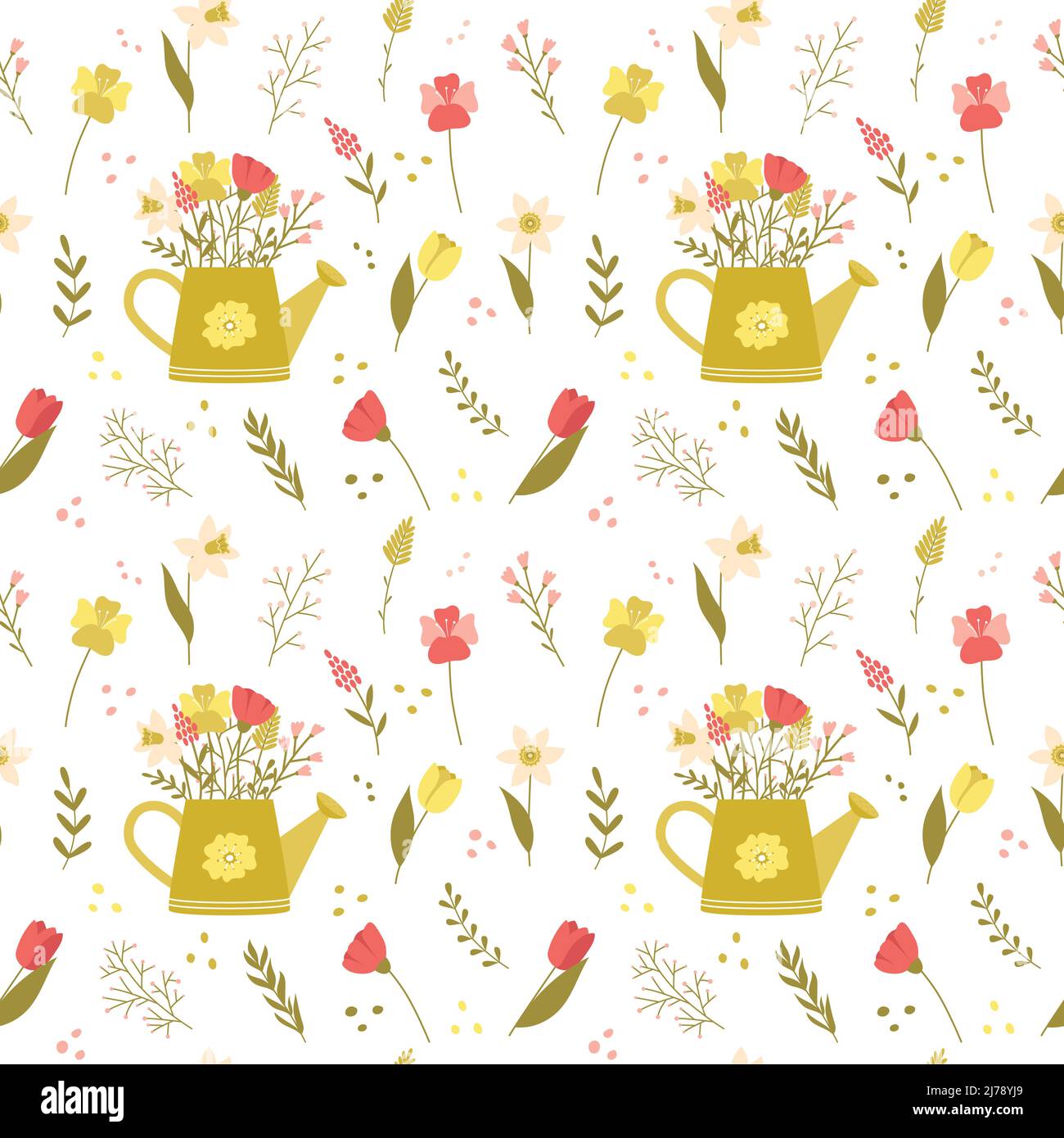 Motif sans couture avec de jolies illustrations de dessins animés. Arrosoir vert, fleurs de printemps, tulipes, jonquilles, coquelicots. Toile de fond colorée. Vecteur de dessin animé Ill Illustration de Vecteur