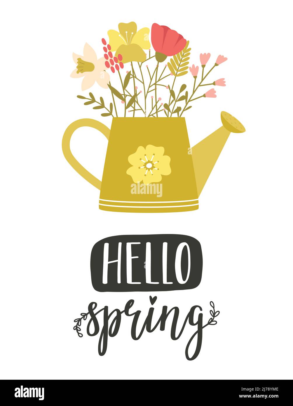 Une carte avec un joli dessin animé arrosoir et de simples fleurs de printemps, brindilles et herbes. Mot-lettrage à la main - Bonjour printemps. Vecteur de dessin animé plat couleur il Illustration de Vecteur