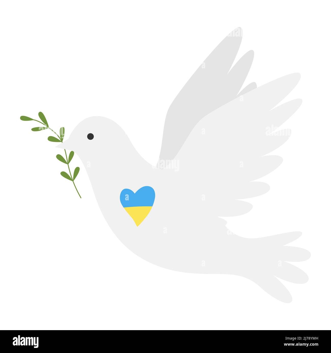 Une colombe blanche, un symbole de paix. Un oiseau volant du monde tient une branche verte dans son bec. Le coeur est dans les couleurs du drapeau ukrainien. Pas de guerre. Colo Illustration de Vecteur