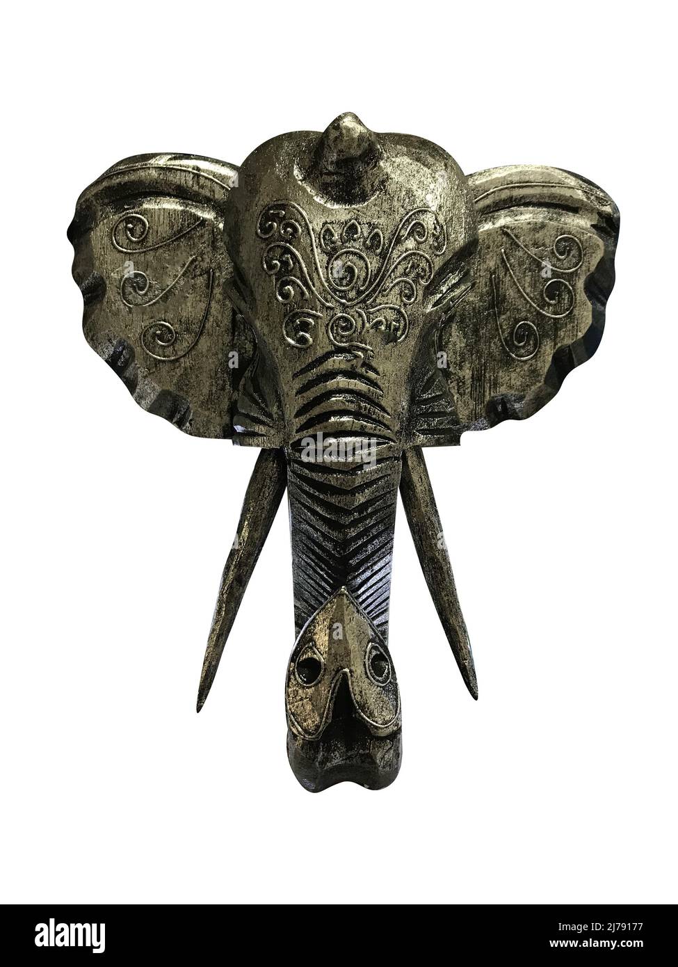 Tête de figurine d'un éléphant indien avec des motifs isolés sur un fond blanc. Photo de haute qualité Banque D'Images