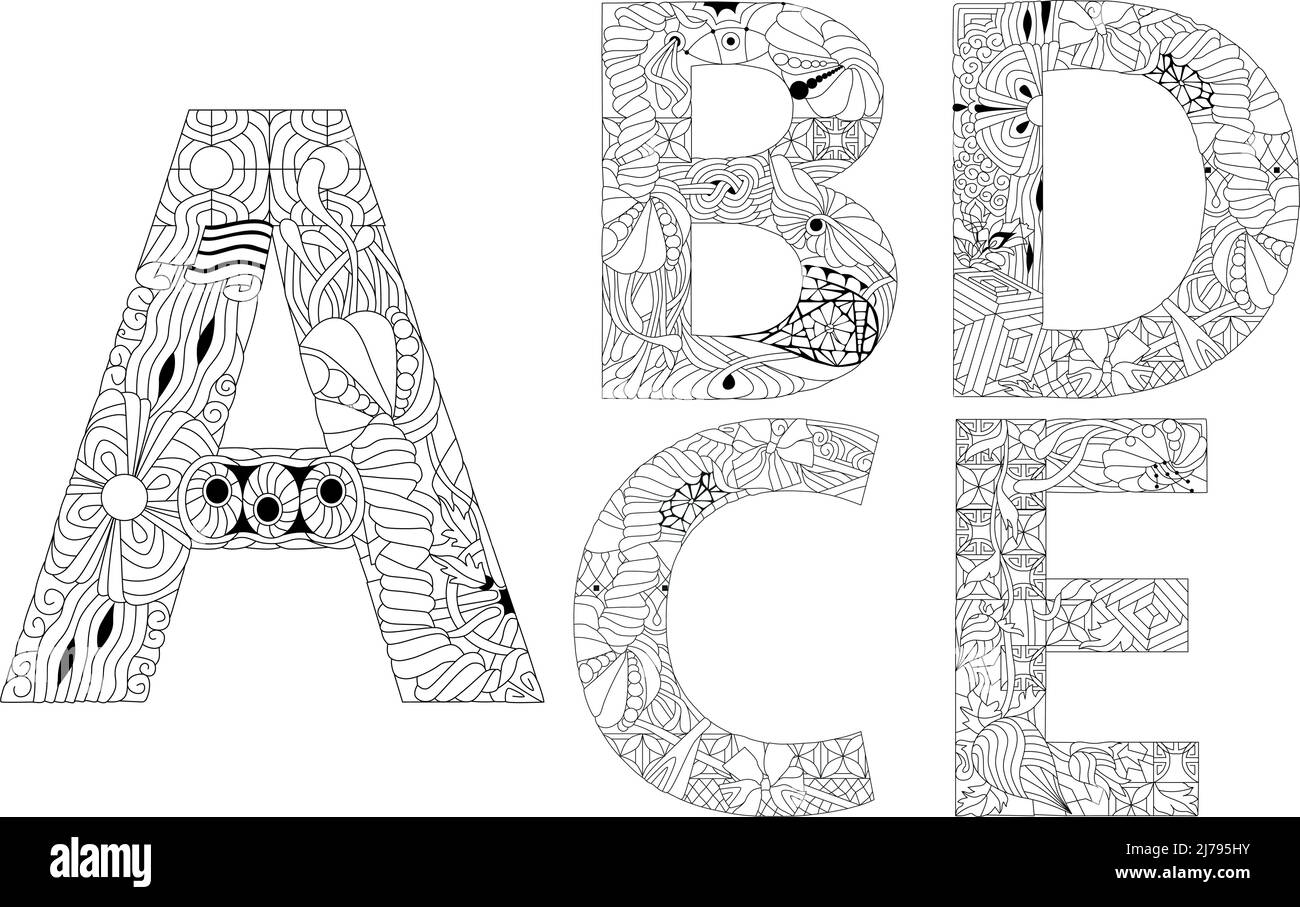 Décoration artistique peinte à la main. Alphabet d'illustration coloré dessiné à la main. Partie 1 pour les pages à colorier Illustration de Vecteur