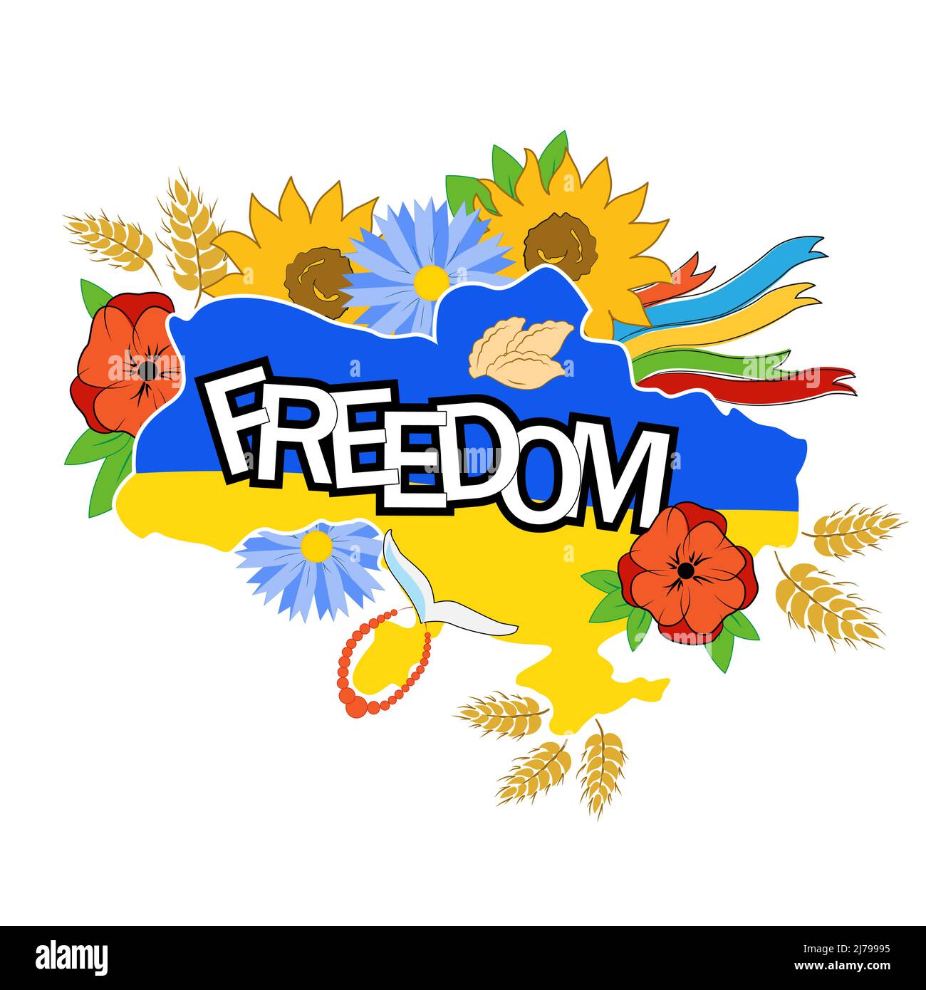 Inscription « Freedom ». Carte de l'Ukraine aux couleurs du drapeau national de l'Ukraine. Symboles nationaux ukrainiens : blé, pain, tournesol, Illustration de Vecteur