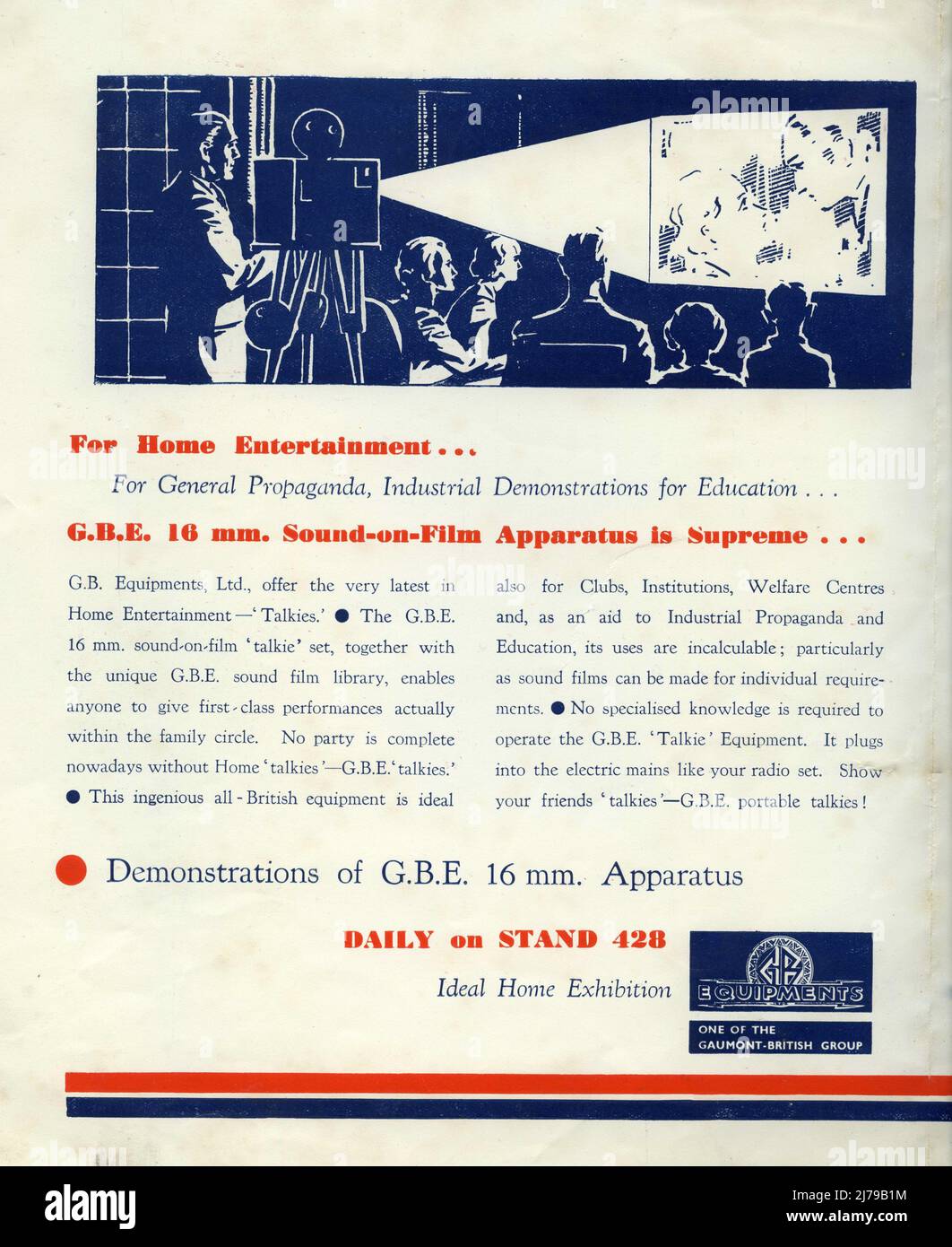 Détail d'une page intérieure de la brochure promotionnelle 1933 pour G.B.E. IDÉAL POUR LES PARTICULIERS, IL offre un son portable 16mm sur projecteur de film pour les projections Home Cinema Banque D'Images