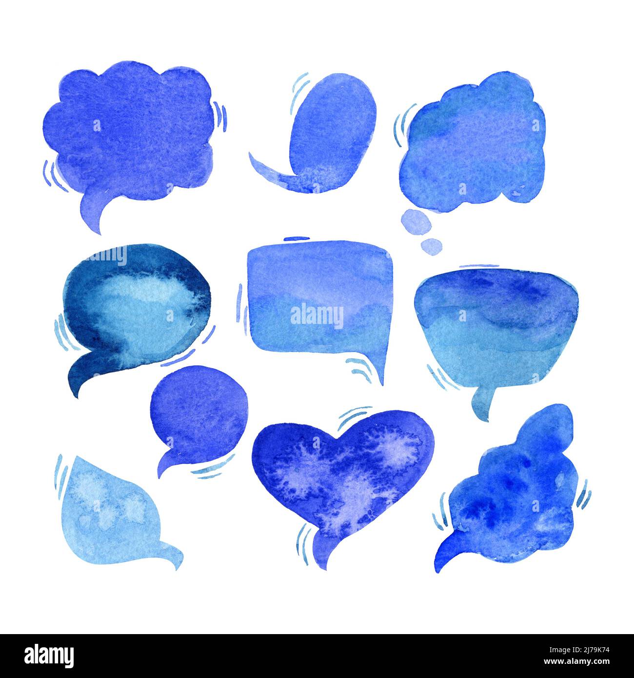 Bulles de parole définies. Collection de bulles de parole bleu aquarelle  sur fond blanc Photo Stock - Alamy