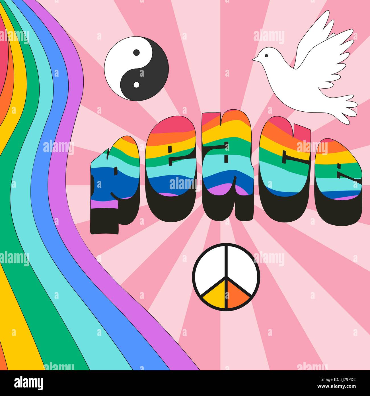 Carte rétro carrée avec l'expression typographique Peace. Rainbow Waves, une colombe, un symbole de paix. Éléments rétro avec un trait. Affiche vectorielle sur bac rose Illustration de Vecteur