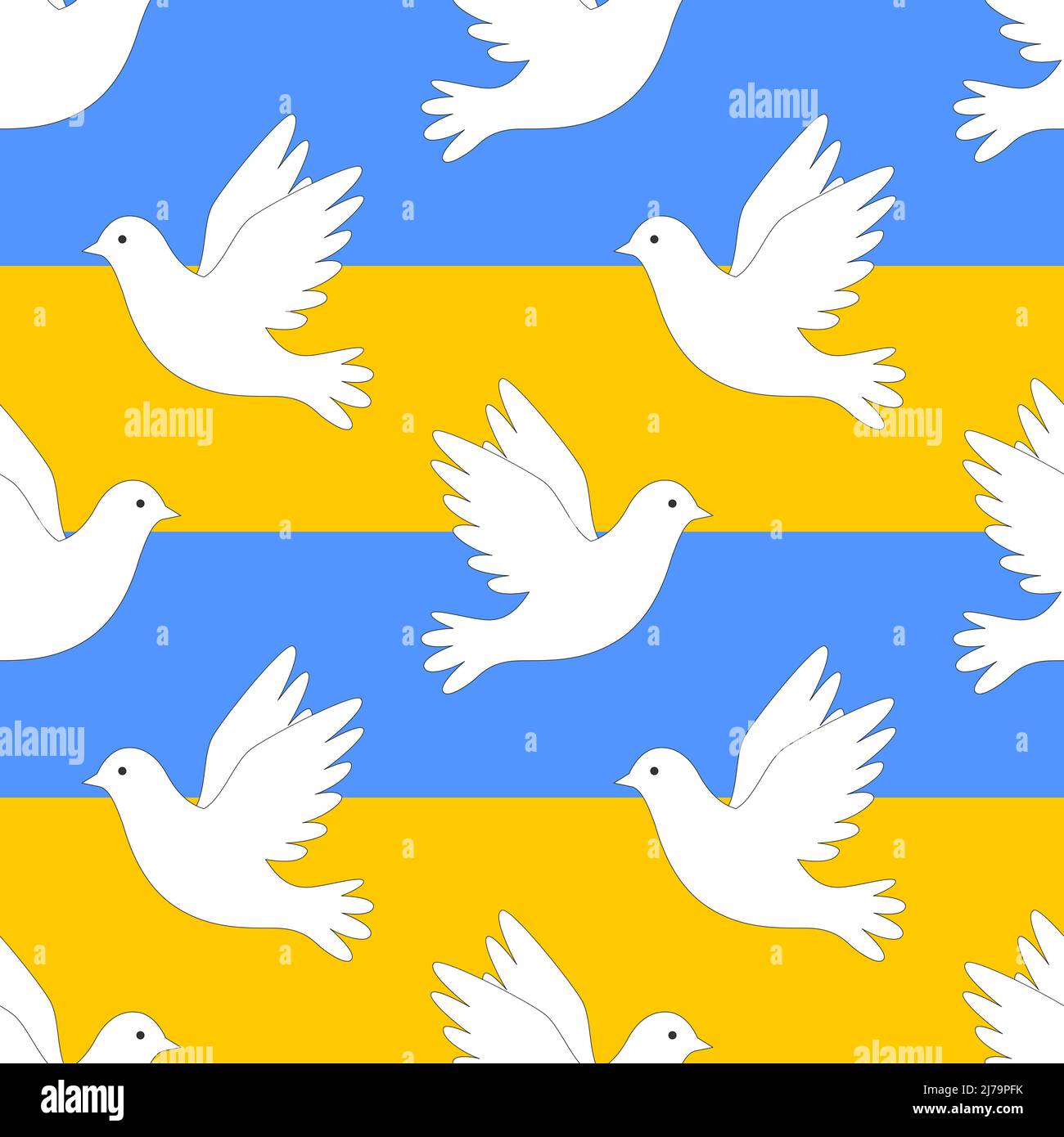 Motif sans couture bleu, oiseaux, symbole de la paix. Éléments avec un contour sur fond bleu-jaune. Idéal pour les textiles et le papier d'emballage. Couleur Illustration de Vecteur