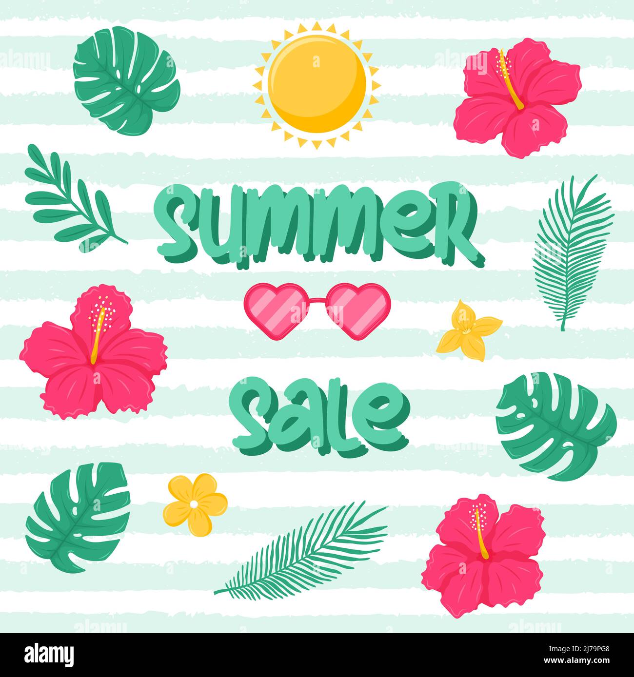 Soldes d'été. Carte postale carrée avec texte et fleurs et feuilles tropicales, monstres et palmiers. Un modèle pour les médias avec des éléments saisonniers d'été. Illustration de Vecteur