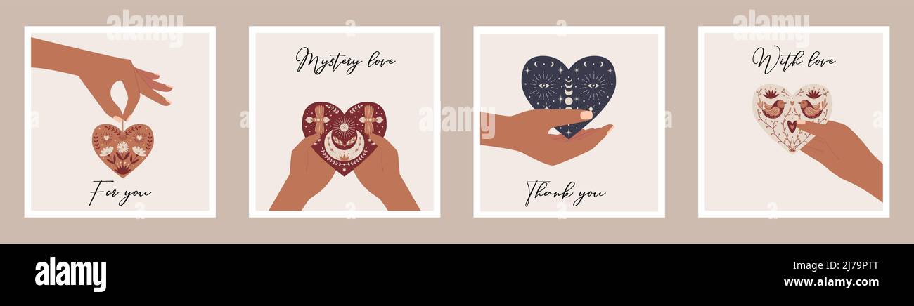 Un ensemble de cartes postales avec des mains tenant un coeur avec des éléments célestes, boho, mystiques, botaniques et oiseaux. Affiches carrées pour la Saint-Valentin. Couleur v Illustration de Vecteur