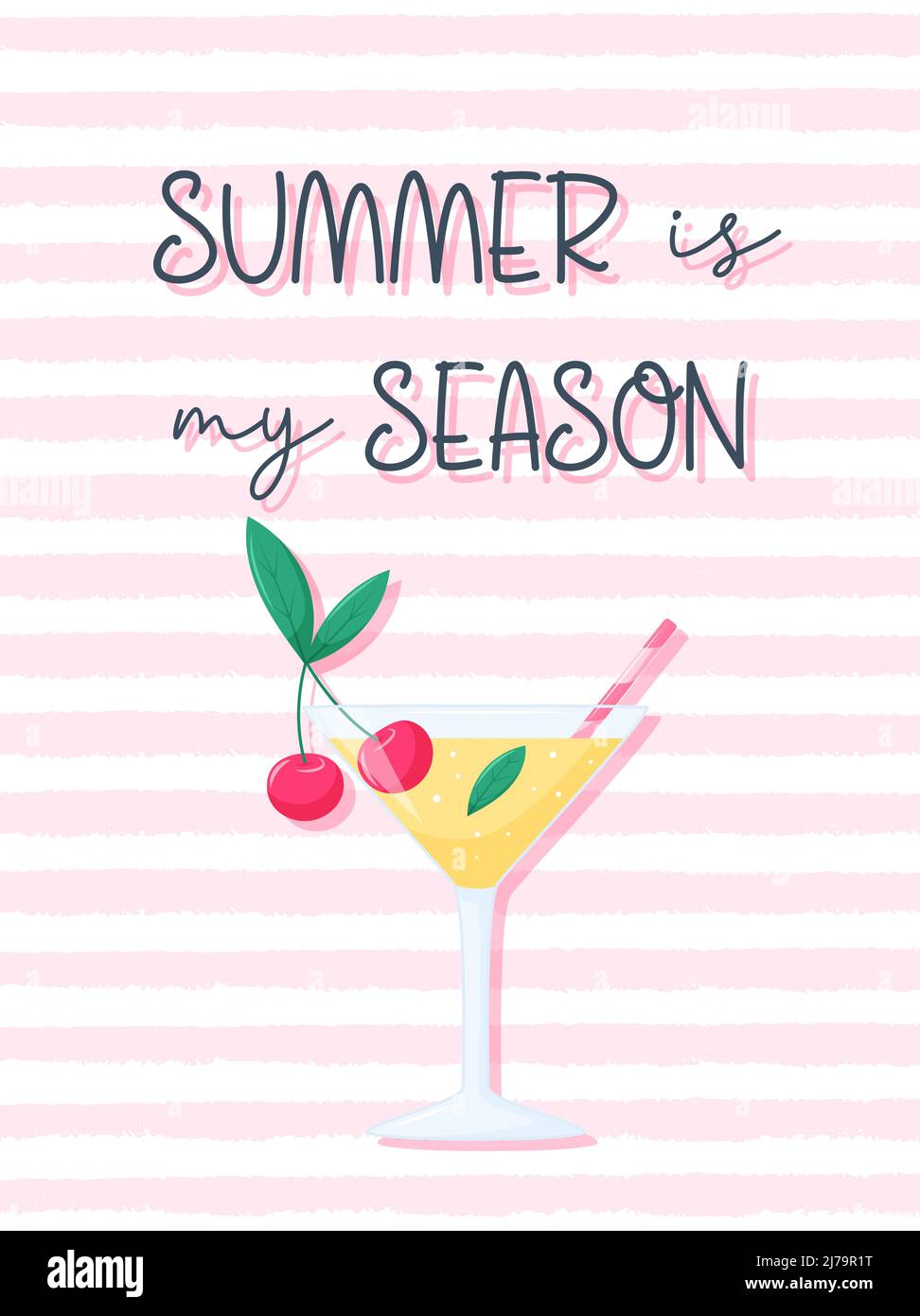 Une carte rectangulaire avec un cocktail dans un verre transparent, des cerises et des feuilles de menthe. Carte postale de saison avec les mots - l'été est ma saison. Vecteur il Illustration de Vecteur