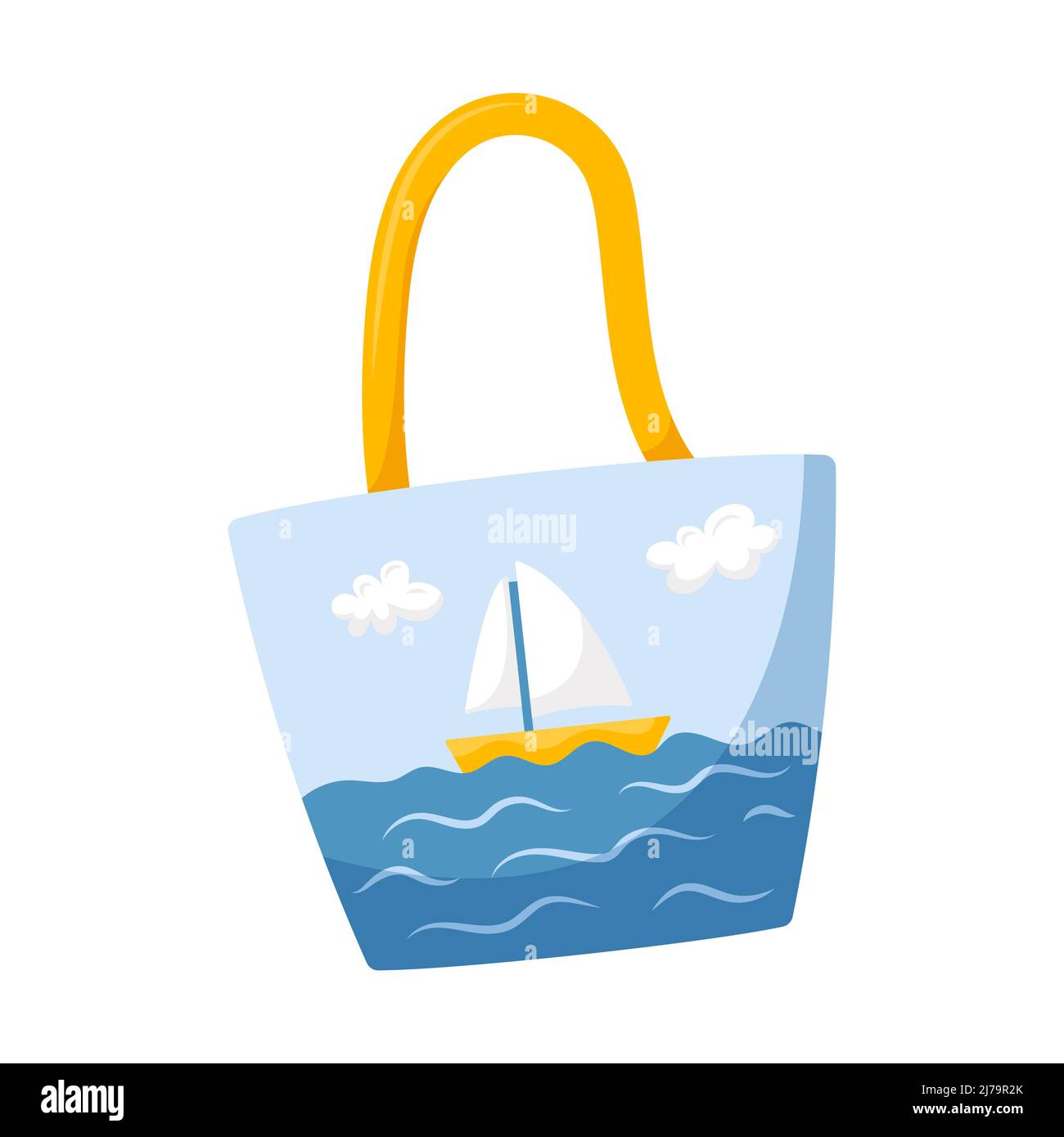 Un sac de plage avec un paysage, avec la mer et un bateau. Un voilier sur les vagues de la mer. Illustration vectorielle dans un style de dessin animé plat isolé sur un W Illustration de Vecteur