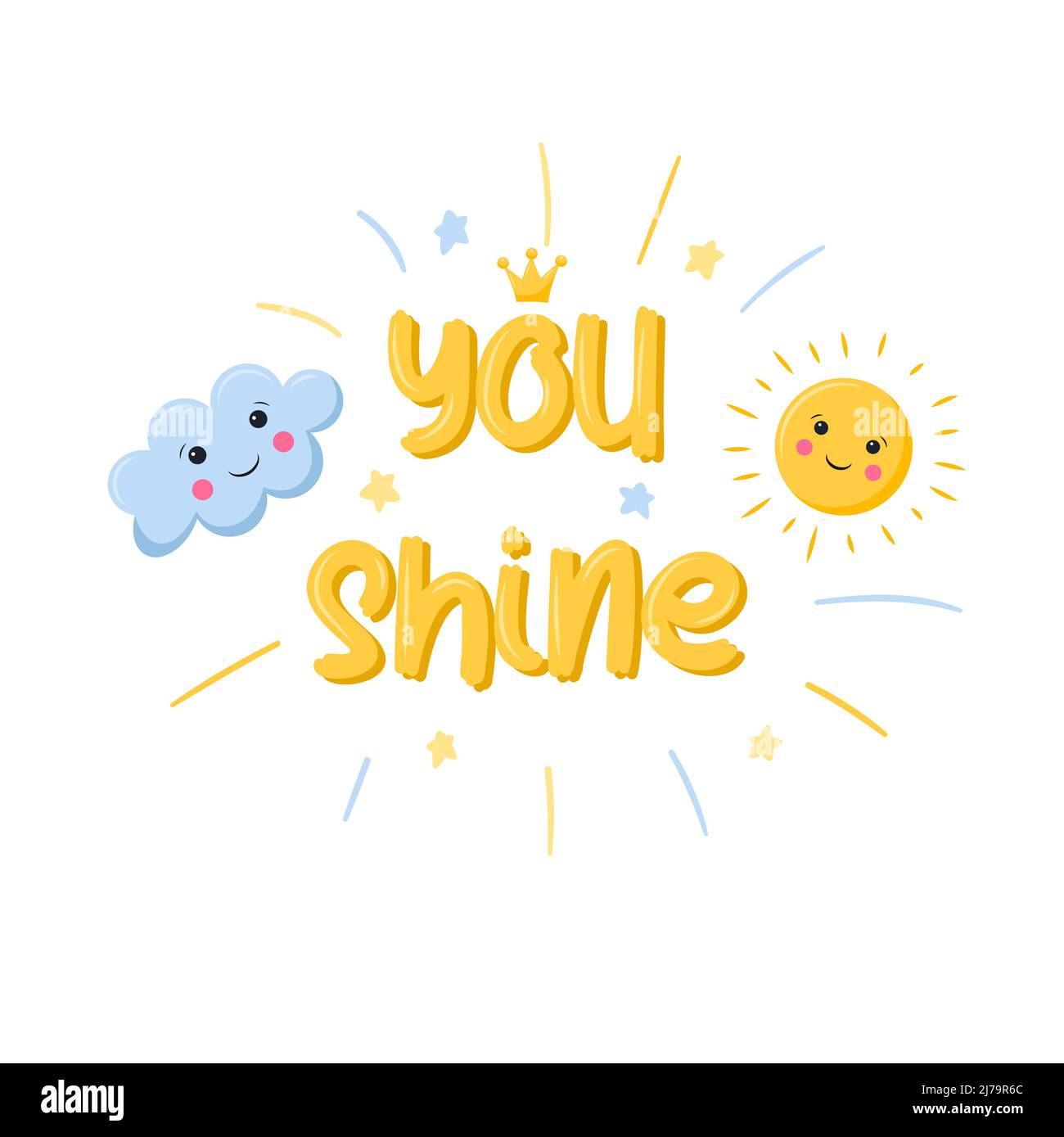 Une carte postale avec un joli soleil souriant et un nuage. Personnages kawaii simples avec les mots - vous brillez. Imprimé été pour les vêtements. Illustration vectorielle dans un Illustration de Vecteur