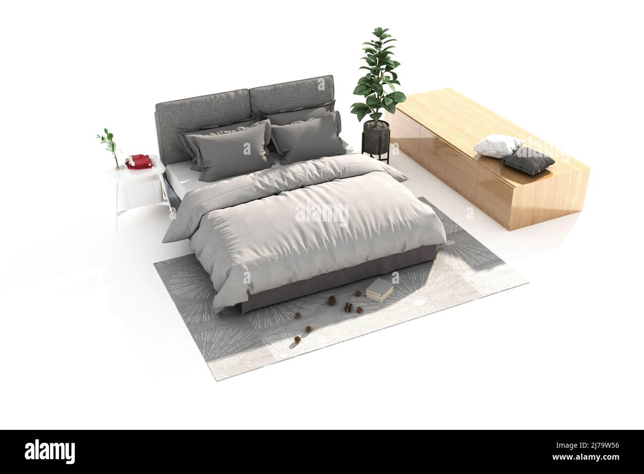 Lit double et armoire de lit isolée sur fond blanc. 3D rendu. Banque D'Images