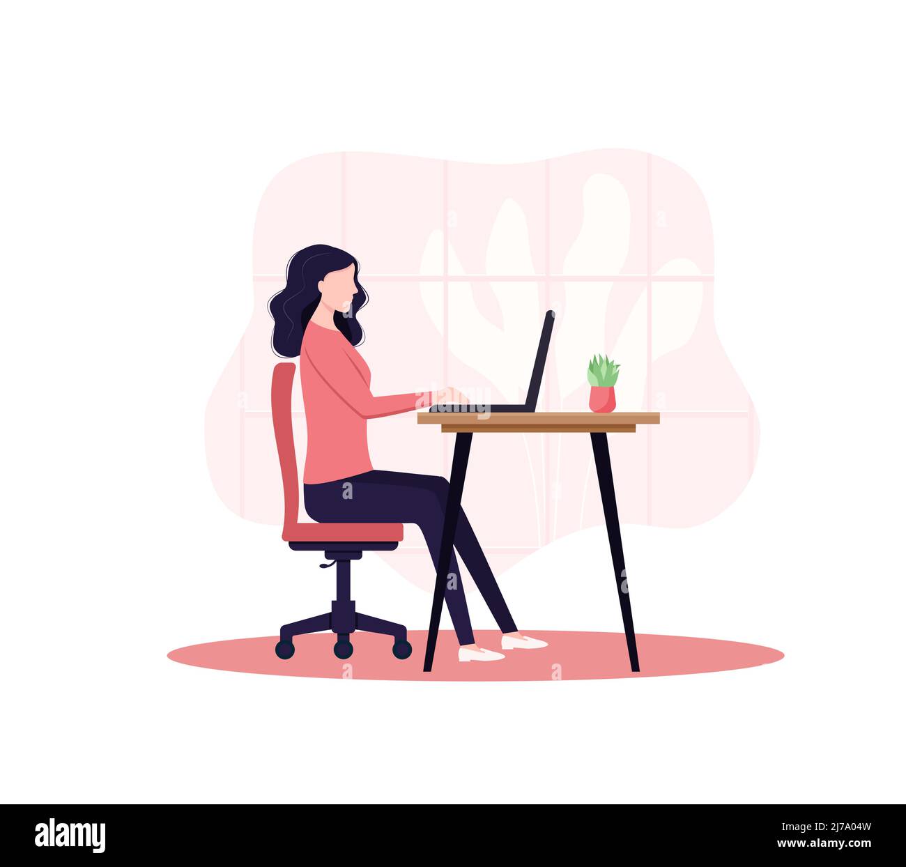 Illustration du concept de travail de bureau avec une fille heureuse assise à la table. Illustration vectorielle pour l'impression et la conception Web. SPE 10 Illustration de Vecteur