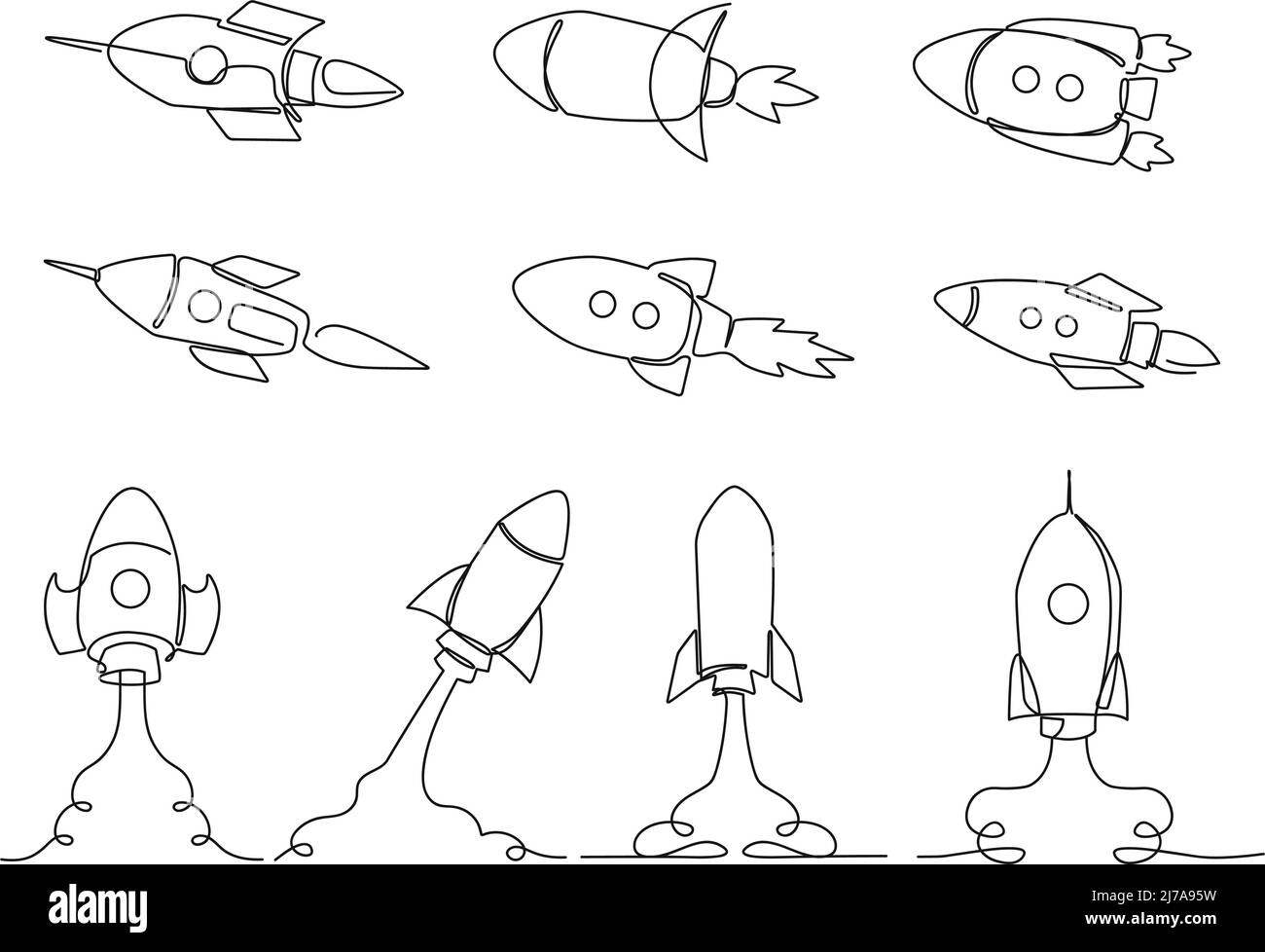 Une fusée de ligne. Lancement d'un vaisseau spatial, fusées simples volantes dans l'univers et jeu d'illustrations vectorielles d'esquisse de vaisseau spatial Illustration de Vecteur