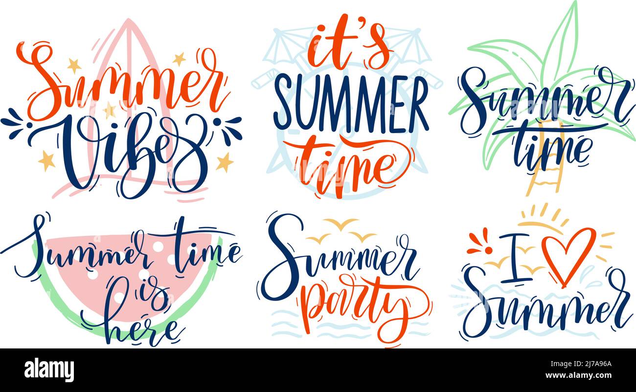 Heure d'été. Lettrage dessiné à la main, étiquettes d'été et scénario de saison jeu d'illustrations Illustration de Vecteur