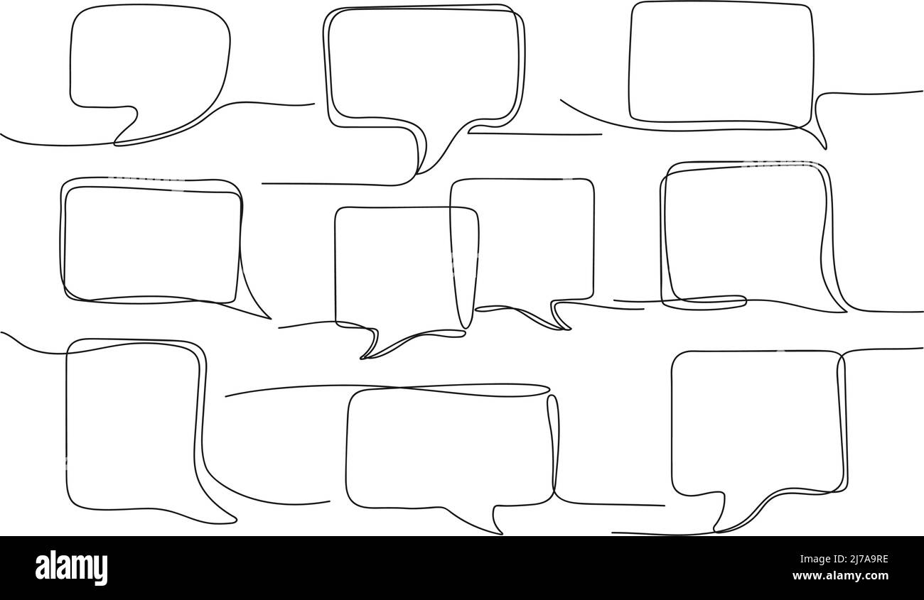 Bulle vocale d'une ligne. Modèle de commentaire, messages de texte d'opinion et jeu de vecteurs de lignes continues à cadres carrés et rectangulaires Illustration de Vecteur