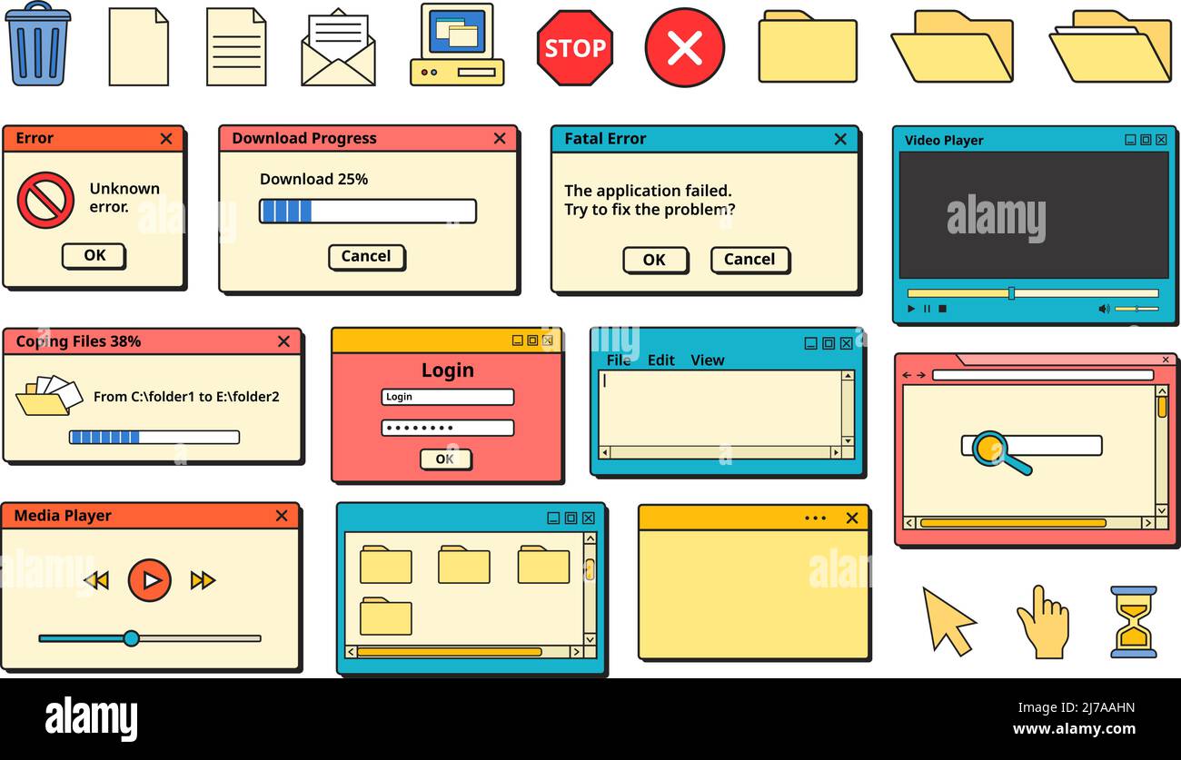 Interface utilisateur nostalgique 90s. Messages d'erreur rétro, icônes de l'ancien ordinateur et ensemble de vecteurs de fenêtres d'application Illustration de Vecteur