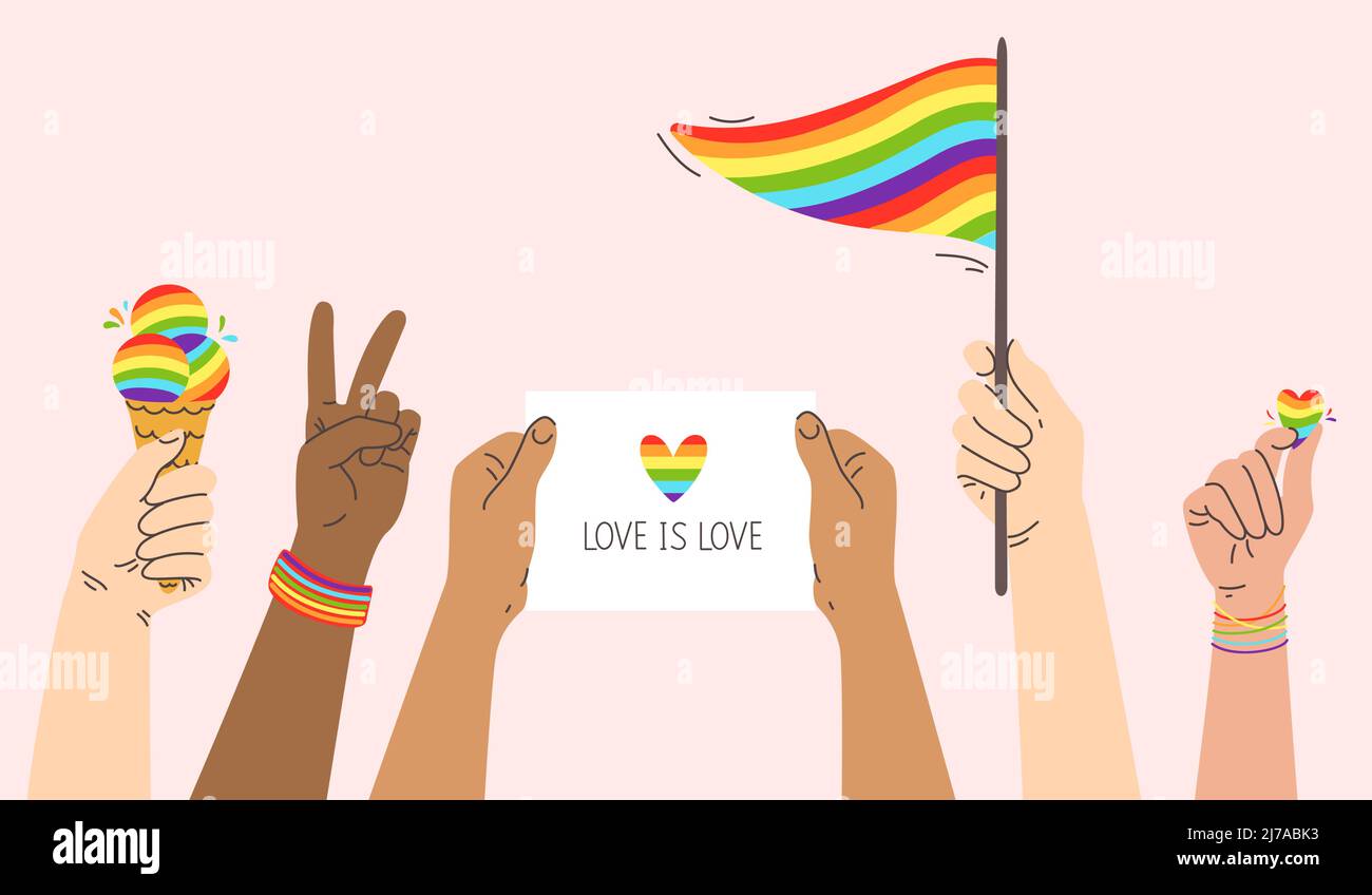 Mains de fierté. Défilé LGBT, les gens tiennent en main le drapeau arc-en-ciel, l'affiche et le symbole de coeur. Illustration du vecteur de célébration du mois de la fierté Illustration de Vecteur