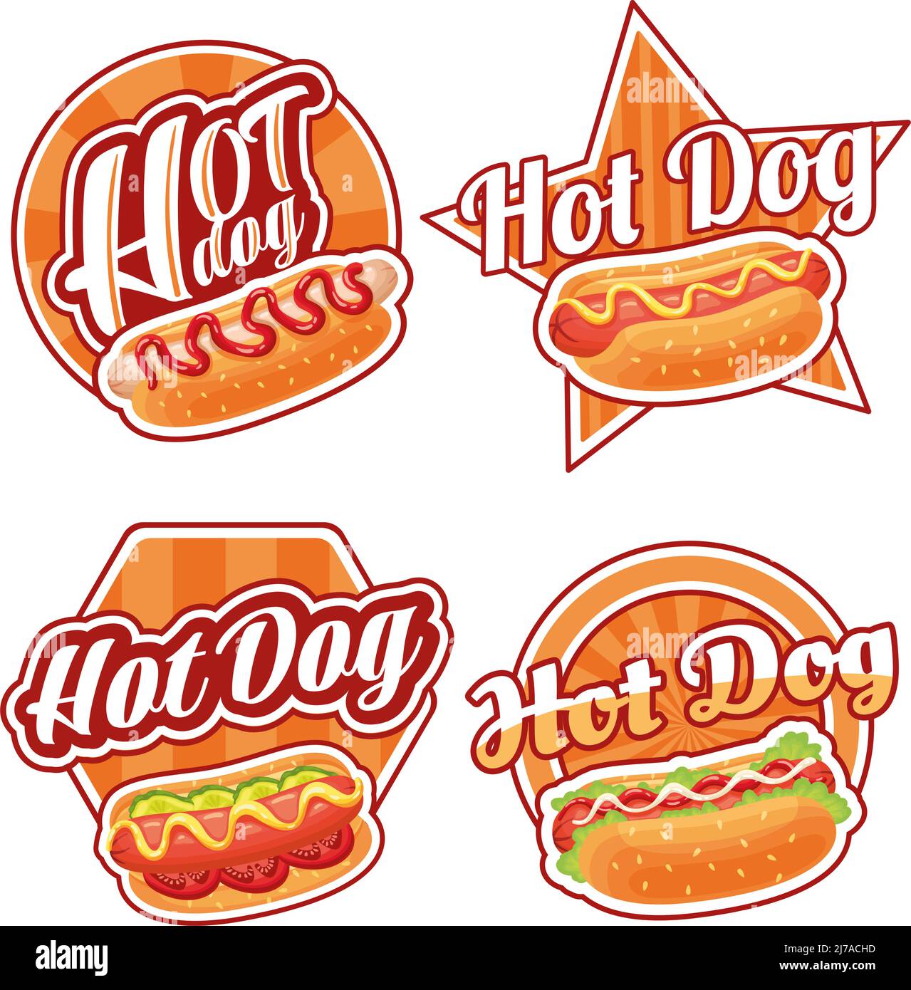 Étiquette de hot dog. Affiche de nourriture de rue avec hot dog dans un pain de graines de sésame, ensemble de vecteur d'autocollant de déjeuner rapide Illustration de Vecteur