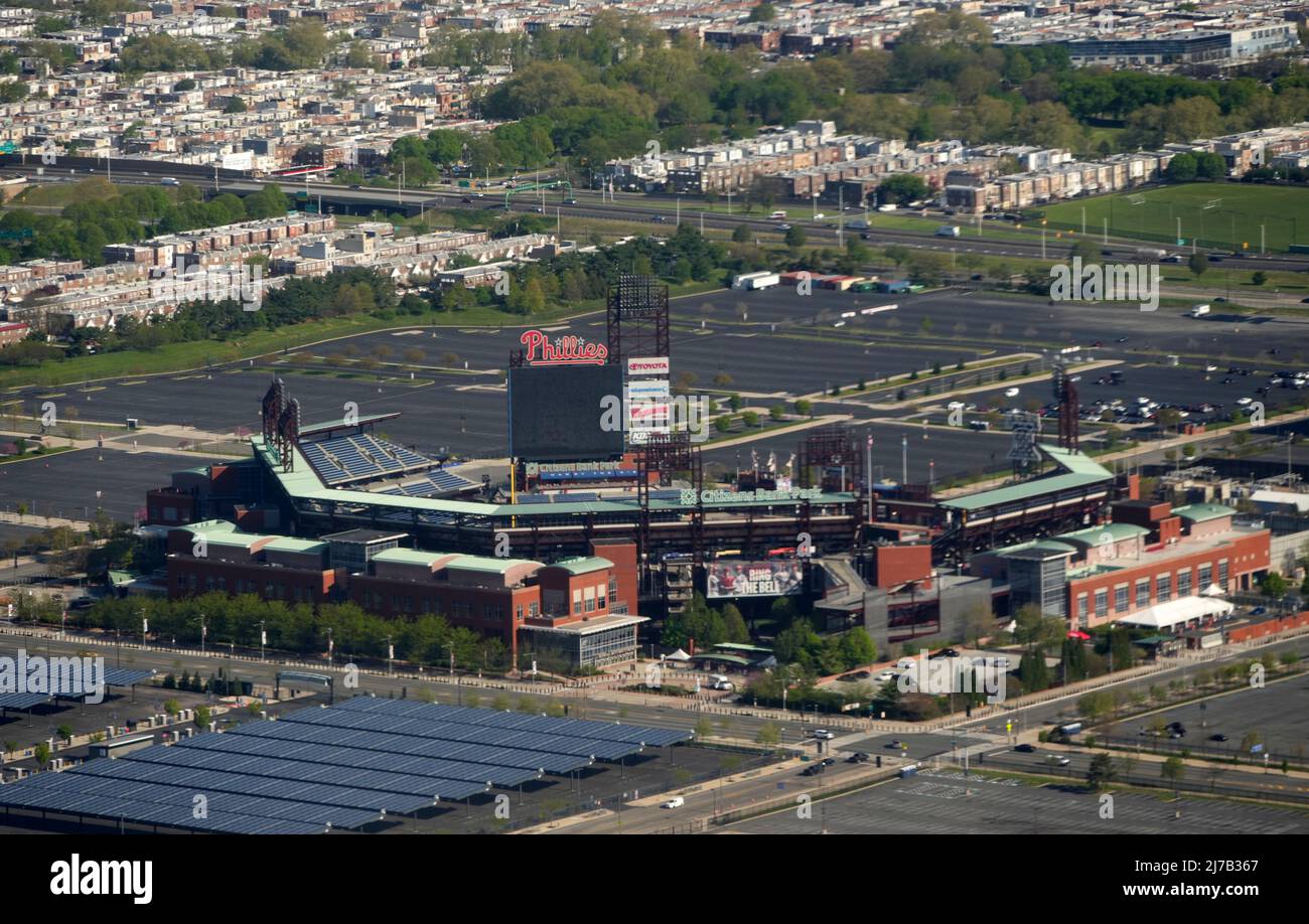 Vue aérienne de Citizens Bank Park, vendredi 29 avril 2022, à Philadelphie. Le stade est le stade des Philadelphia Phillies. Banque D'Images