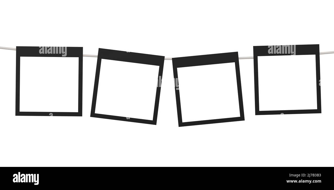 Des documents en noir et blanc sont suspendus sur une corde, rendu 3D Banque D'Images