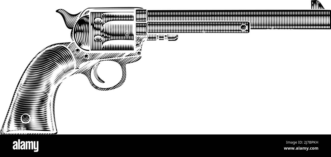 Pistolet style WESTERN Cowboy pistolet Revolver Woodcut Illustration de Vecteur