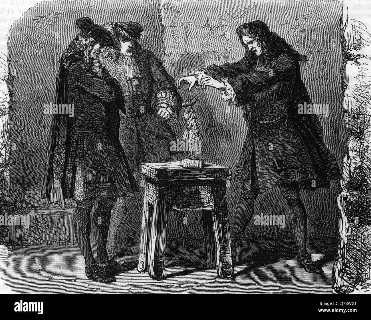 Tribunal de la Chambre ardente : représentation d'un rebouteux au 17eme siecle jet des maléfices sur un pouce de cercle représentant la figure du roi Louis XIV - Gravoir tiree de 'causes celebres' de Fouquier 1861 Collection privee Banque D'Images