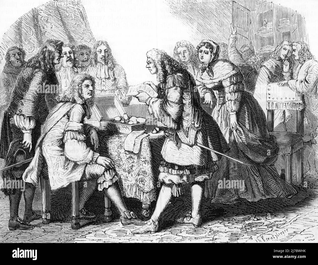 Affaire des poisons : découplé de la cassette de Godin de Sainte Croix en 1672 qui accusera la marquise de Brinvilliers Marie-Madeleine Dreux d'Aubray (1630-1676) et entrainera son exécution le 17 juillet 1676 (Découverte de la boîte de Godin de sainte croix qui charge Madame de Brinvilliers aristocrate française qui sera accusée et reconnue coupable du meurtre de son père et de deux de ses frères afin d'hériter de leurs biens le jour de son exécution 1676) Gravure tiree de 'causes celebres' de Fouquier 1861 Collection privee Banque D'Images