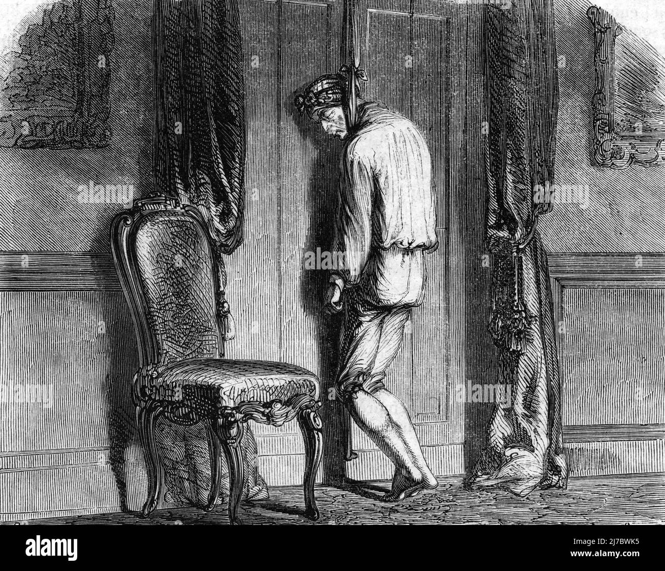 La mort mystérieuse de Louis VI Henri de Bourbon-Conde (1756-1830) retouve pendu le 27 aout 1830 au château de Saint-Leu (Louis Henri, prince de Conde trouvé mort avec une corde autour de son cou mais ses pieds au sol, 27 août 1830) Gravure tiree de 'causes celebres' de Fouquier 1860 Collection privee Banque D'Images