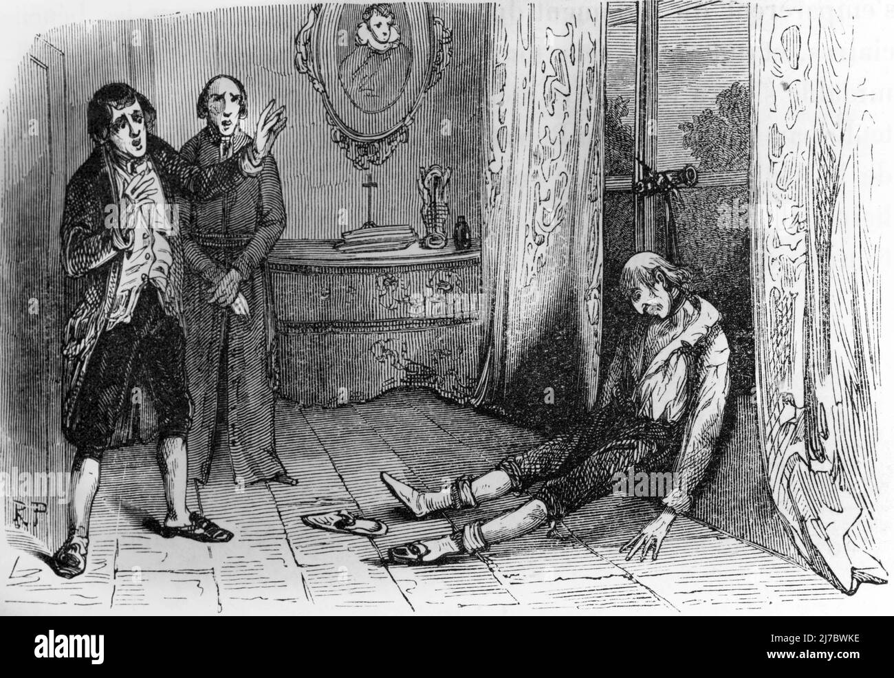 La mort mystérieuse de Louis VI Henri de Bourbon-Conde (1756-1830) retouve pendu le 27 aout 1830 au château de Saint-Leu (Louis Henri, prince de Conde trouvé mort avec une corde autour de son cou mais ses pieds au sol, 27 août 1830) Gravure extraite de 'l'Histoire de Louis-Philippe Ier roi des Francais' 1847 Collection privee Banque D'Images