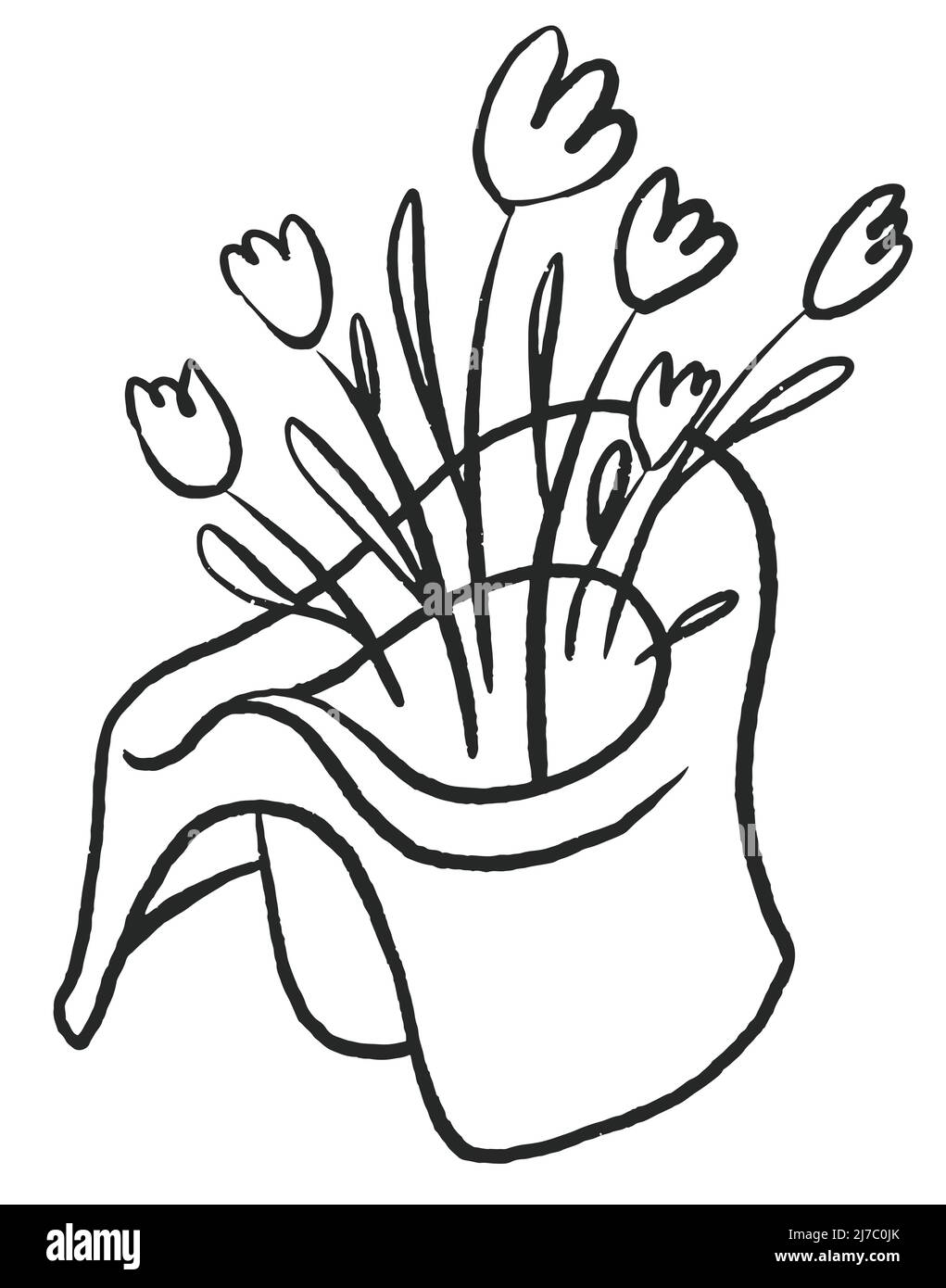 Bébé pot et bouquet de fleurs dessin main Doodle Line vector icône isolée sur fond blanc esquisse de toilettes pour les enfants Illustration de Vecteur