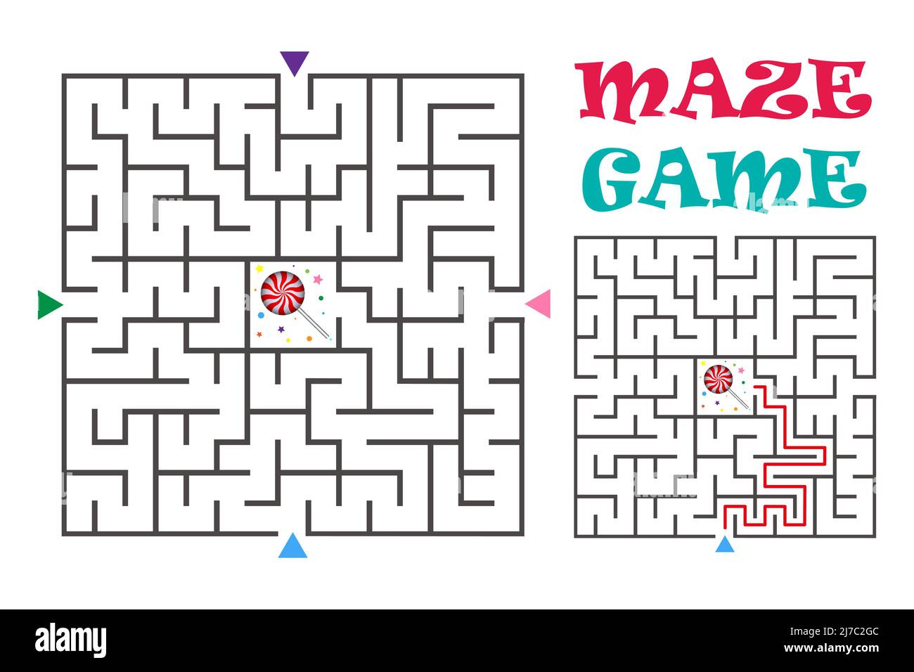 Jeu de labyrinthe carré pour enfants. Logique énigme avec les bonbons. Trois entrées et une voie à droite. Illustration vectorielle plate Illustration de Vecteur