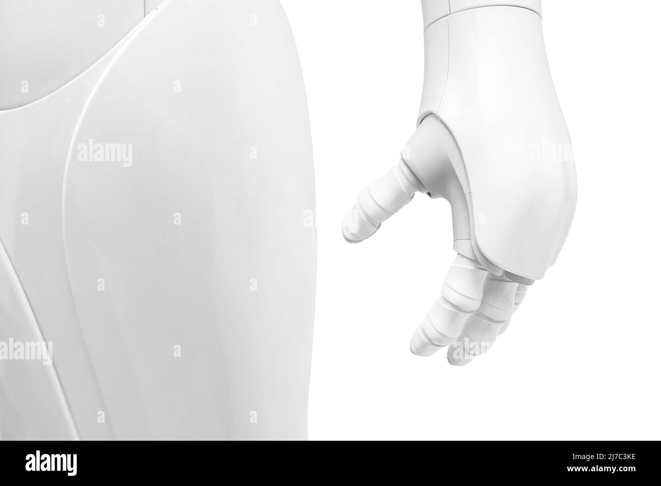 Robot humanoïde futuriste sur fond blanc, gros plan Banque D'Images