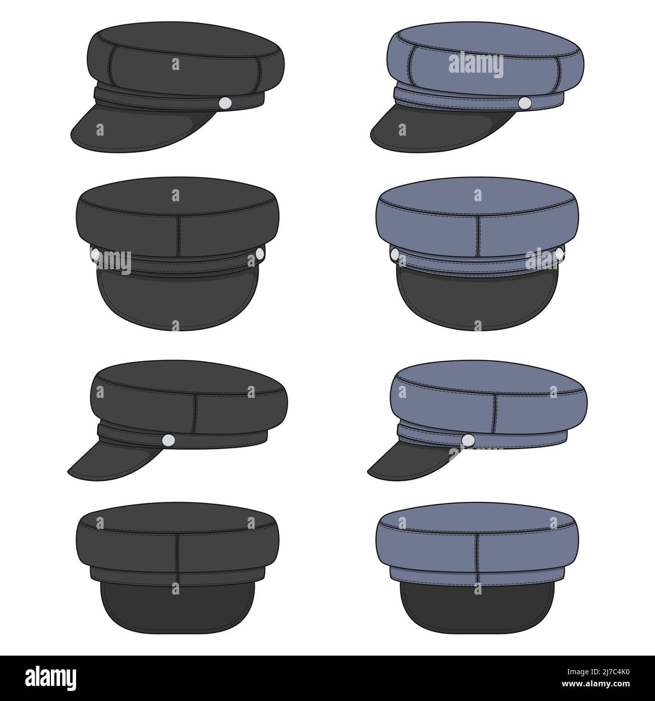 Jeu d'illustrations de couleur avec chapeau à visière marron et noir, casquette de fourrage. Objets vectoriels isolés sur fond blanc. Illustration de Vecteur