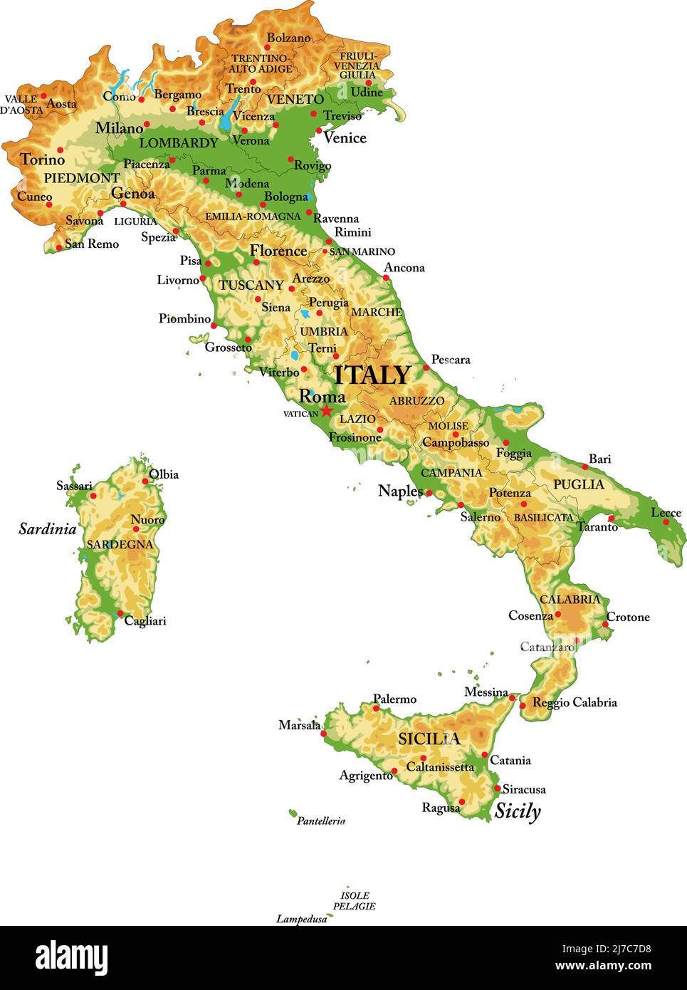 Carte physique très détaillée de l'Italie, au format vectoriel, avec toutes les formes de relief, les régions et les grandes villes. Illustration de Vecteur