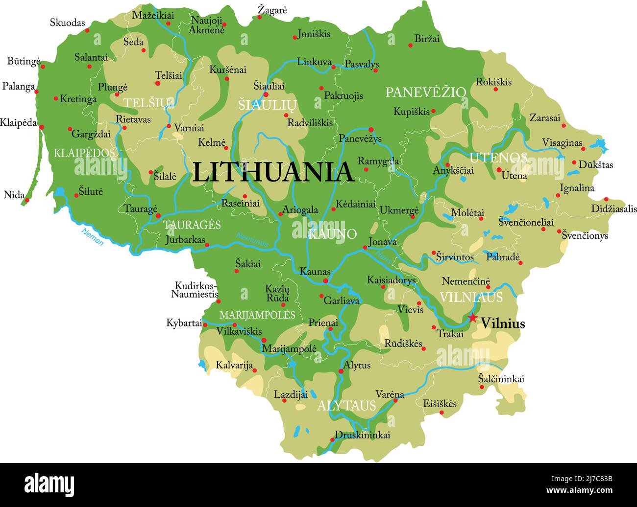 Carte physique très détaillée de la Lituanie, en format vectoriel, avec toutes les formes de secours, les régions et les grandes villes. Illustration de Vecteur