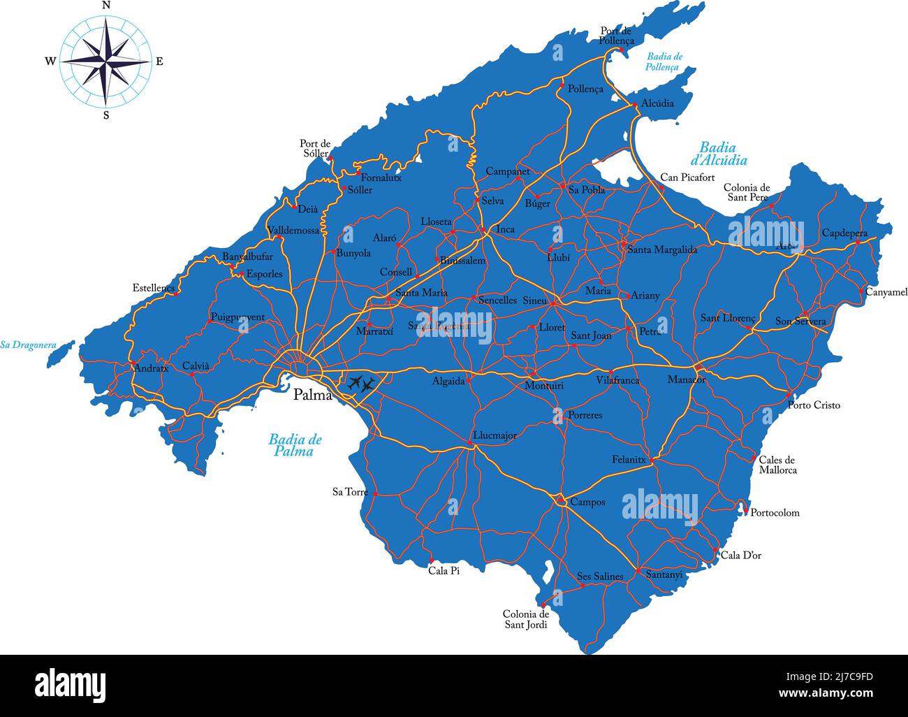 Carte vectorielle très détaillée de Majorque avec régions administratives, principales villes et routes. Illustration de Vecteur