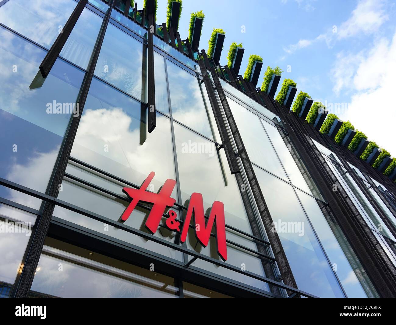 Logo Shop d'un magasin H&M sur un bâtiment durable avec des haies de charme à la rue de la rue de la DüsseldorfGermany. Banque D'Images