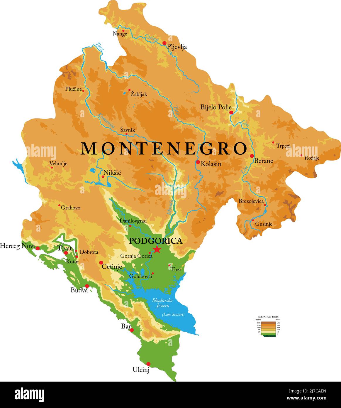 Carte physique très détaillée du Monténégro, en format vectoriel, avec toutes les formes de relief, les régions et les grandes villes. Illustration de Vecteur