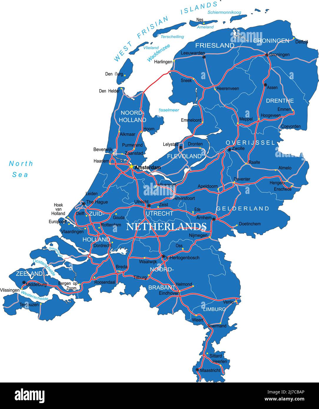 Carte vectorielle très détaillée de la Hollande avec régions administratives, villes principales et routes. Illustration de Vecteur