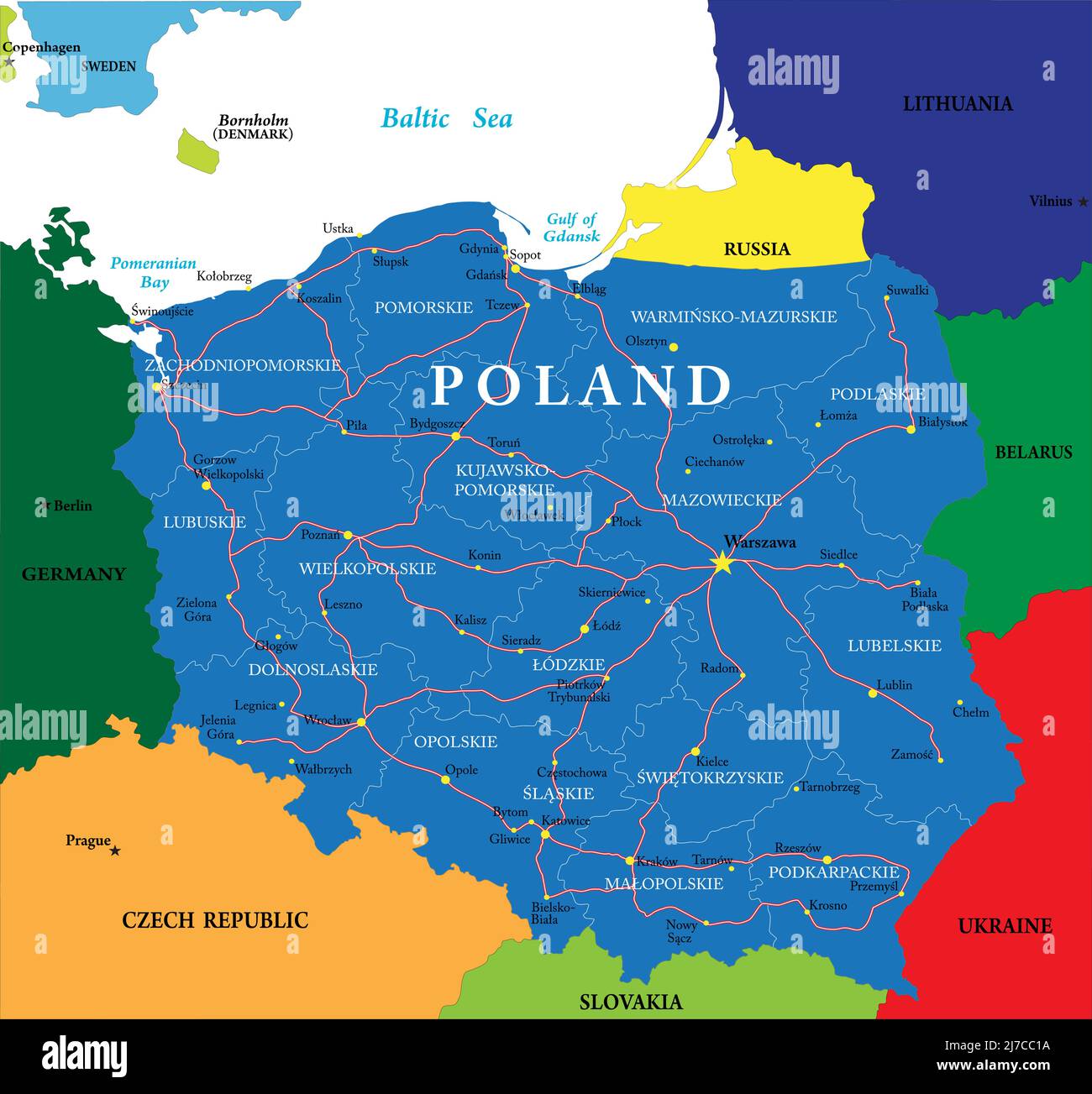 Carte vectorielle très détaillée de la Pologne avec régions administratives, principales villes et routes. Illustration de Vecteur